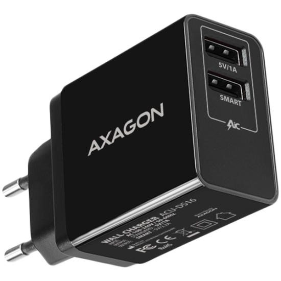 Axagon Dual wall charger <240V / 2x port 5V-2.2A + 5V-1A. 16W total power. Адаптер за Захранване