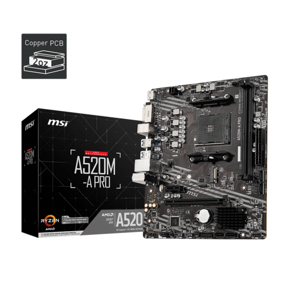MSI A520 2xDDR4 4xSATA3         HDMI DVI     1xM2 GLAN 1xPCIEx16 1xPCIEx1           
