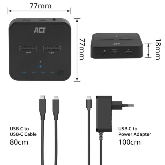 Dual SSD docking clone station, ACT M.2 NVMe/PCIe, USB-C 3.2 Gen2, 10 Gbps Dual SSD docking clone station, ACT M.2 NVMe/PCIe, USB-C 3.2 Gen2, 10 Gbps