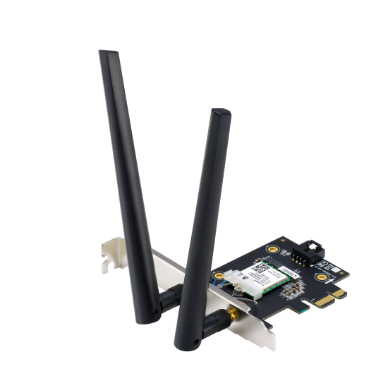 Безжичен адаптер ASUS PCE-BE6500 WiFi 7 PCI-e две външни антени и Bluetooth 5.4 Безжичен адаптер ASUS PCE-BE6500 WiFi 7 PCI-e две външни антени и Bluetooth 5.4
