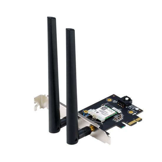Безжичен адаптер ASUS PCE-BE6500 WiFi 7 PCI-e две външни антени и Bluetooth 5.4 Безжичен адаптер ASUS PCE-BE6500 WiFi 7 PCI-e две външни антени и Bluetooth 5.4