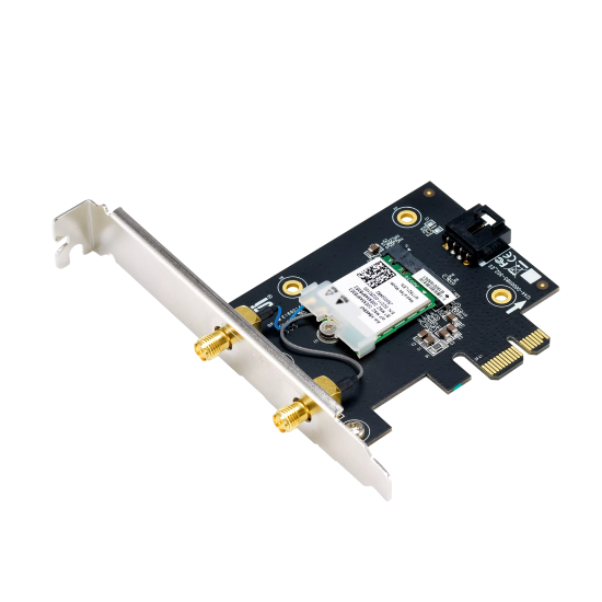 Безжичен адаптер ASUS PCE-BE6500 WiFi 7 PCI-e две външни антени и Bluetooth 5.4 Безжичен адаптер ASUS PCE-BE6500 WiFi 7 PCI-e две външни антени и Bluetooth 5.4