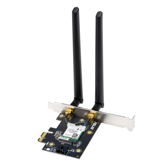 Безжичен адаптер ASUS PCE-BE6500 WiFi 7 PCI-e две външни антени и Bluetooth 5.4 Безжичен адаптер ASUS PCE-BE6500 WiFi 7 PCI-e две външни антени и Bluetooth 5.4