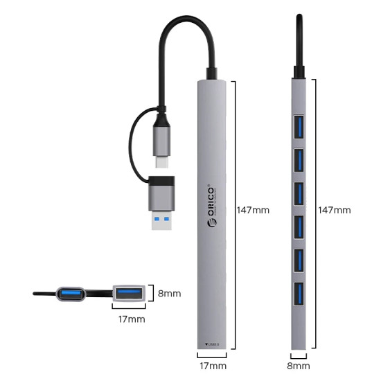 Orico хъб HUB USB-C/USB-A 7 port - USB3.0 x 1, USB2.0 x 6 - YSA2-U3-GY Orico хъб HUB USB-C/USB-A 7 port - USB3.0 x 1, USB2.0 x 6 - YSA2-U3-GY
