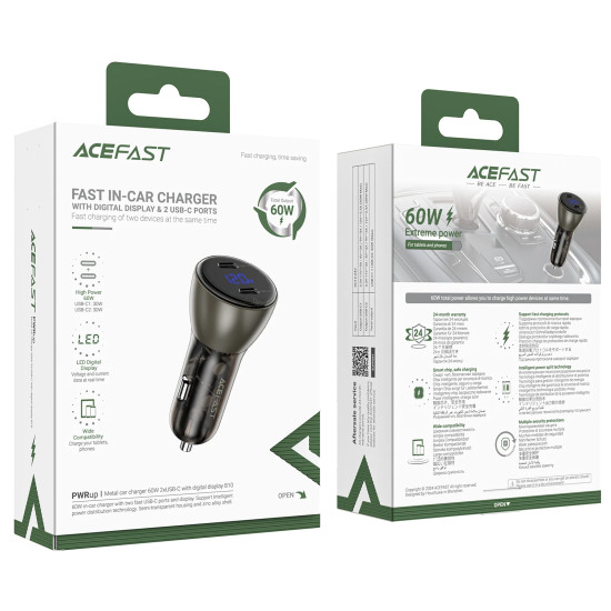 Acefast зарядно за кола Fast Charger Car PD3.0 60W - B10 - USB-C x 2, Metal, Black Acefast зарядно за кола Fast Charger Car PD3.0 60W - B10 - USB-C x 2, Metal, Black