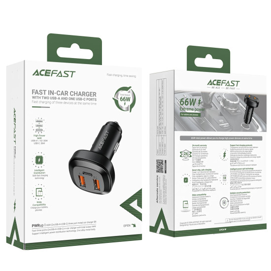 Acefast зарядно за кола Fast Charger Car PD3.0 66W - B9 - USB-C x 1, USB-A x 2, Black Acefast зарядно за кола Fast Charger Car PD3.0 66W - B9 - USB-C x 1, USB-A x 2, Black