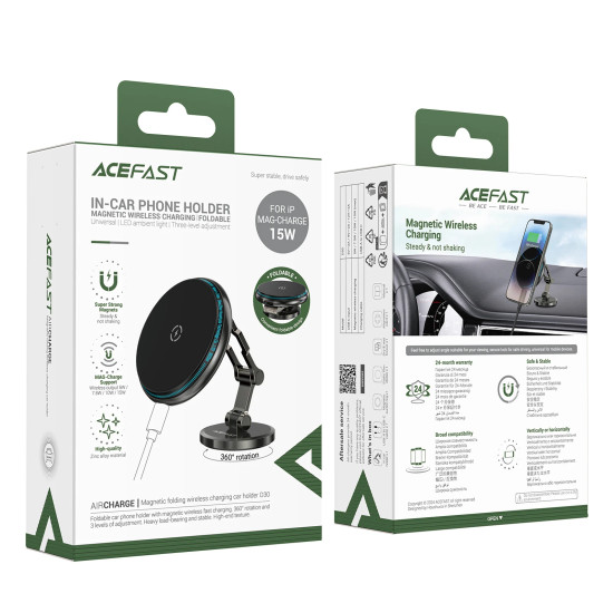 Acefast Зареждаща стойка за телефон за кола Car phone holder - MAG-Charging 15W, Metal, Magnetic Ring, 360 deg, Foldable - D30 - Black Acefast Зареждаща стойка за телефон за кола Car phone holder - MAG-Charging 15W, Metal, Magnetic Ring, 360 deg, Foldable - D30 - Black