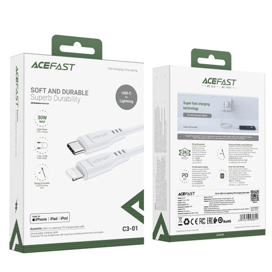 Acefast Кабел USB-C to Lightning Cable 30W 1.20m MFI Certified TPE - C3-01 - White Acefast Кабел USB-C to Lightning Cable 30W 1.20m MFI Certified TPE - C3-01 - White
