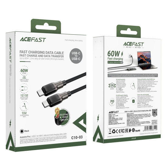 Acefast Кабел USB-C to USB-C Cable 60W Silicone braid 1.2m - C10-03 - Black Acefast Кабел USB-C to USB-C Cable 60W Silicone braid 1.2m - C10-03 - Black