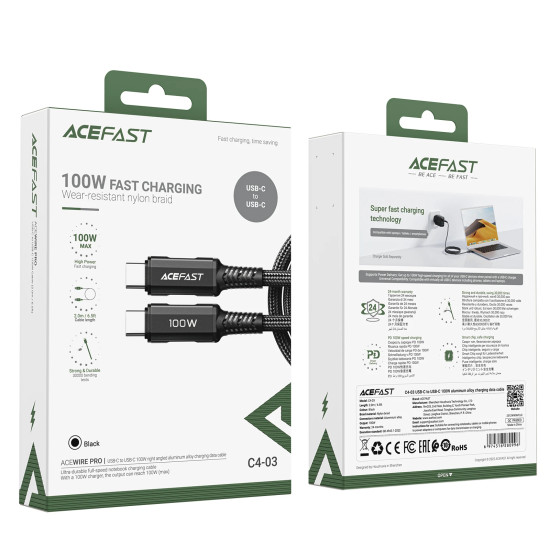 Acefast Кабел USB-C to USB-C Cable 100W 2m Aluminum alloy - C4-03 - Black Acefast Кабел USB-C to USB-C Cable 100W 2m Aluminum alloy - C4-03 - Black