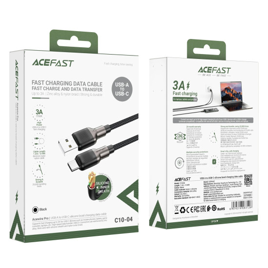 Acefast Кабел USB-A to USB-C Cable 3A 1.2m - C10-04 - Black Acefast Кабел USB-A to USB-C Cable 3A 1.2m - C10-04 - Black