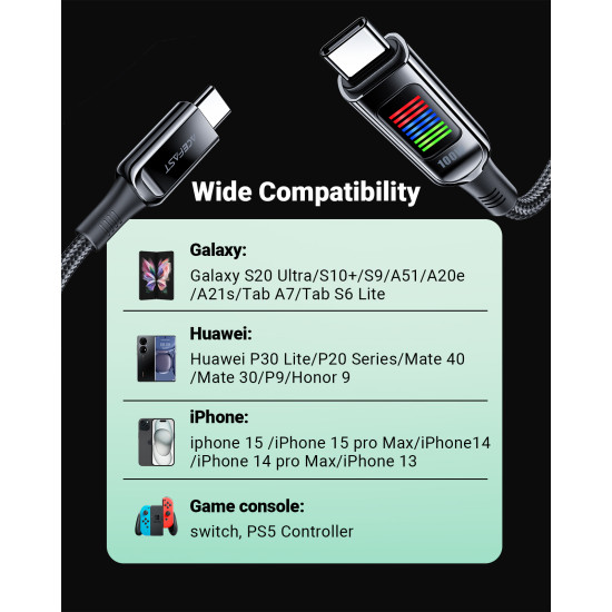 Acefast Кабел USB-C to USB-C Cable 100W 1.2m with LED display - C7-03 - Black Acefast Кабел USB-C to USB-C Cable 100W 1.2m with LED display - C7-03 - Black