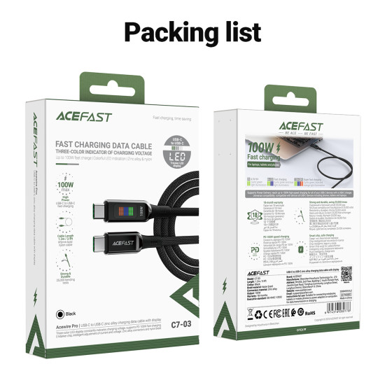 Acefast Кабел USB-C to USB-C Cable 100W 1.2m with LED display - C7-03 - Black Acefast Кабел USB-C to USB-C Cable 100W 1.2m with LED display - C7-03 - Black