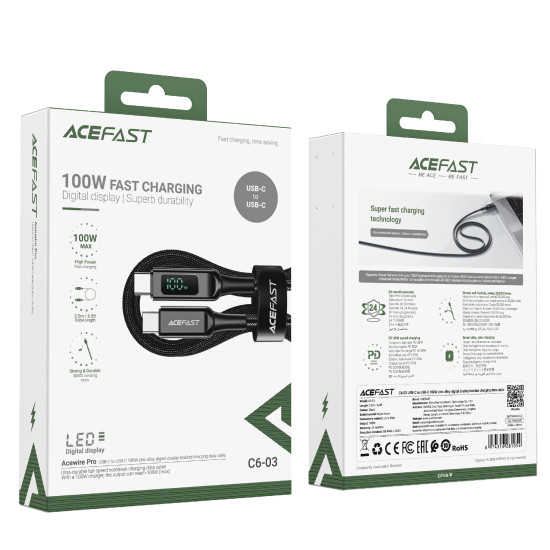 Acefast Кабел USB-C to USB-C Cable 100W 2m with digital display - C6-03 - Black Acefast Кабел USB-C to USB-C Cable 100W 2m with digital display - C6-03 - Black