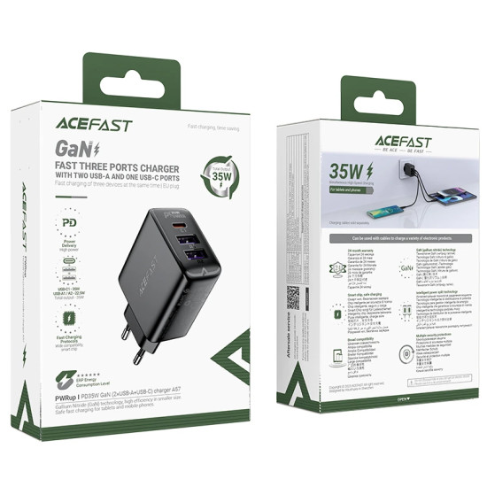Acefast Универсално зарядно за стена Charger Wall GaN PD 35W - A57 - USB-C x 1, USB-A x 2, Black Acefast Универсално зарядно за стена Charger Wall GaN PD 35W - A57 - USB-C x 1, USB-A x 2, Black