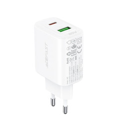 Acefast Универсално зарядно за стена Charger Wall GaN PD20W - A25 - USB-C x 1, USB-A x 1, White