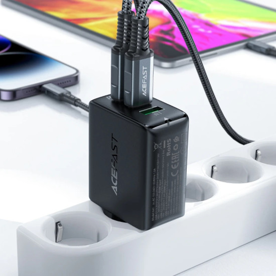 Acefast Универсално зарядно за стена Charger Wall GaN PD65W - A41 - USB-C x 2, USB-A x 1, Black Acefast Универсално зарядно за стена Charger Wall GaN PD65W - A41 - USB-C x 2, USB-A x 1, Black