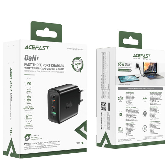 Acefast Универсално зарядно за стена Charger Wall GaN PD65W - A41 - USB-C x 2, USB-A x 1, Black Acefast Универсално зарядно за стена Charger Wall GaN PD65W - A41 - USB-C x 2, USB-A x 1, Black