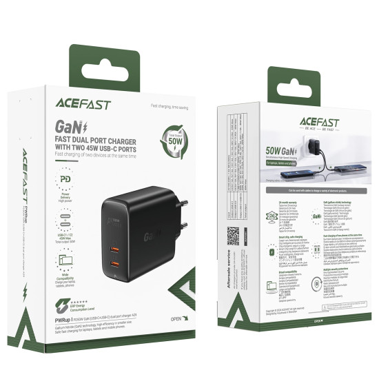 Acefast Универсално зарядно за стена Charger Wall GaN PD50W - A29 - USB-C x 2, Black Acefast Универсално зарядно за стена Charger Wall GaN PD50W - A29 - USB-C x 2, Black