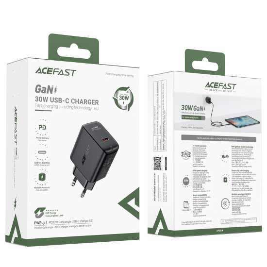 Acefast Универсално зарядно за стена Charger Wall GaN PD30W - A21 - USB-C x 1, Black Acefast Универсално зарядно за стена Charger Wall GaN PD30W - A21 - USB-C x 1, Black