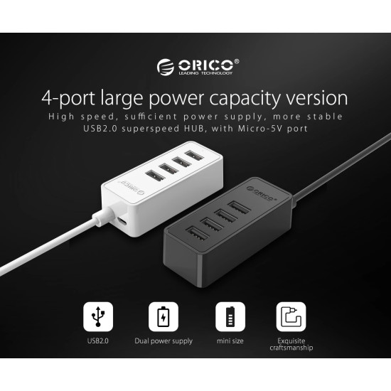 Orico хъб USB2.0 HUB 4 port - USB/Micro USB input, Black - W5P-U2-100-BK-EP Orico хъб USB2.0 HUB 4 port - USB/Micro USB input, Black - W5P-U2-100-BK-EP