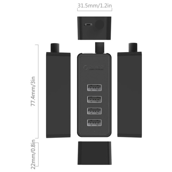 Orico хъб USB2.0 HUB 4 port - USB/Micro USB input, Black - W5P-U2-030-BK-EP Orico хъб USB2.0 HUB 4 port - USB/Micro USB input, Black - W5P-U2-030-BK-EP