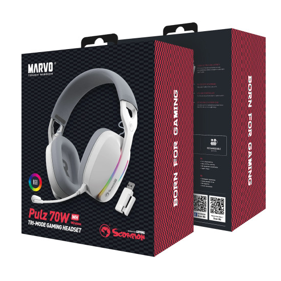Marvo безжични геймърски слушалки Gaming Headphones Pulz 70W WH - Bluetooth, 2.4G - MARVO-HG9086W-WH Marvo безжични геймърски слушалки Gaming Headphones Pulz 70W WH - Bluetooth, 2.4G - MARVO-HG9086W-WH