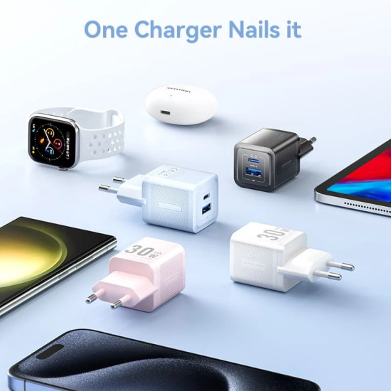 Vention зарядно за стена Charger Wall GaN - QC3.0 + Power Distribution Type-C 30W - FEQW0-EU Vention зарядно за стена Charger Wall GaN - QC3.0 + Power Distribution Type-C 30W - FEQW0-EU