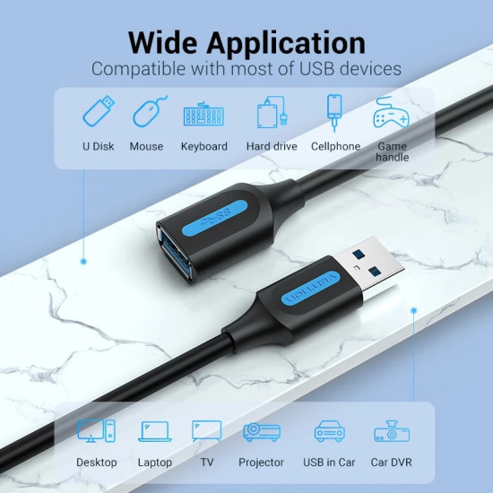 Vention Кабел USB 3.0 Extension AM / AF - 3.0M Black - CBHBI Vention Кабел USB 3.0 Extension AM / AF - 3.0M Black - CBHBI