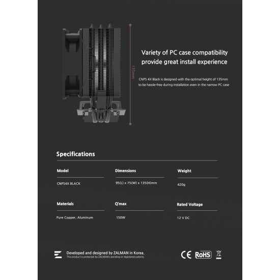 Zalman охладител за процесор CPU Cooler CNPS4X BLACK - LGA1700/AM5 Zalman охладител за процесор CPU Cooler CNPS4X BLACK - LGA1700/AM5