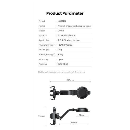Ugreen стойка за телефон за кола Car Phone Holder LP405 - 20473 Ugreen стойка за телефон за кола Car Phone Holder LP405 - 20473