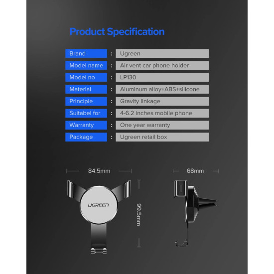 Ugreen стойка за телефон за кола Car Phone Holder LP130 - 40907 Ugreen стойка за телефон за кола Car Phone Holder LP130 - 40907