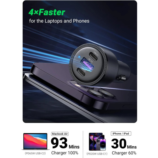 Ugreen зарядно за кола Fast Charger Car - 2 x Type-C, 1 x USB-A QC3.0, Power Distribution 69W CD239 - 20467 Ugreen зарядно за кола Fast Charger Car - 2 x Type-C, 1 x USB-A QC3.0, Power Distribution 69W CD239 - 20467
