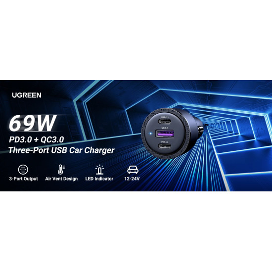 Ugreen зарядно за кола Fast Charger Car - 2 x Type-C, 1 x USB-A QC3.0, Power Distribution 69W CD239 - 20467 Ugreen зарядно за кола Fast Charger Car - 2 x Type-C, 1 x USB-A QC3.0, Power Distribution 69W CD239 - 20467