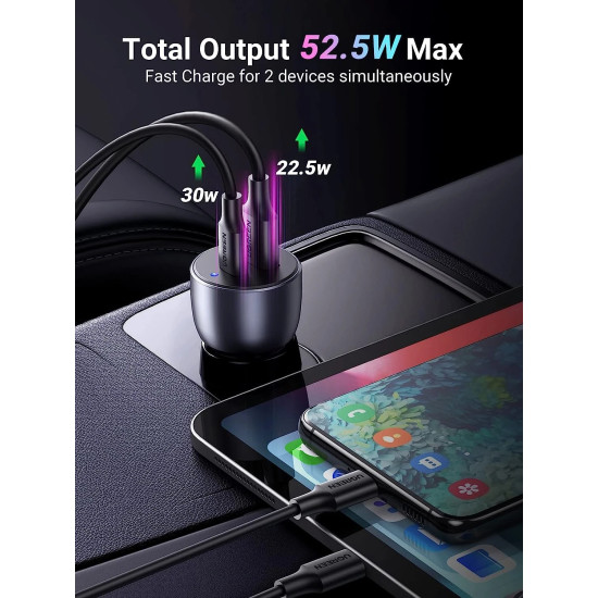Ugreen зарядно за кола Fast Charger Car - Type-C + USB QC3.0, Power Distribution 52.5W CD213 - 60980 Ugreen зарядно за кола Fast Charger Car - Type-C + USB QC3.0, Power Distribution 52.5W CD213 - 60980