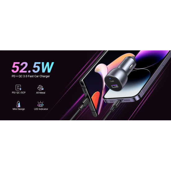 Ugreen зарядно за кола Fast Charger Car - Type-C + USB QC3.0, Power Distribution 52.5W CD213 - 60980 Ugreen зарядно за кола Fast Charger Car - Type-C + USB QC3.0, Power Distribution 52.5W CD213 - 60980