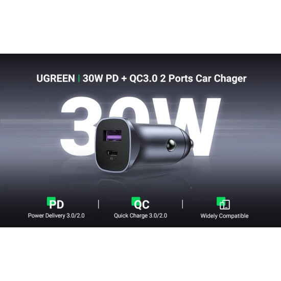Ugreen зарядно за кола Fast Charger Car - Type-C + USB QC3.0, Power Distribution 30W CD130 - 40858 Ugreen зарядно за кола Fast Charger Car - Type-C + USB QC3.0, Power Distribution 30W CD130 - 40858