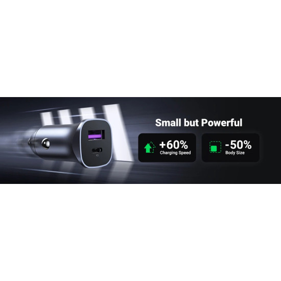 Ugreen зарядно за кола Fast Charger Car - Type-C + USB QC3.0, Power Distribution 30W CD130 - 40858 Ugreen зарядно за кола Fast Charger Car - Type-C + USB QC3.0, Power Distribution 30W CD130 - 40858