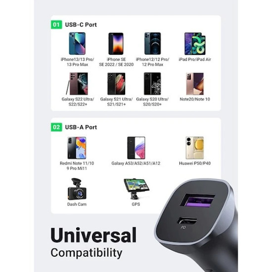 Ugreen зарядно за кола Fast Charger Car - Type-C + USB QC3.0, Power Distribution 30W CD130 - 40858 Ugreen зарядно за кола Fast Charger Car - Type-C + USB QC3.0, Power Distribution 30W CD130 - 40858