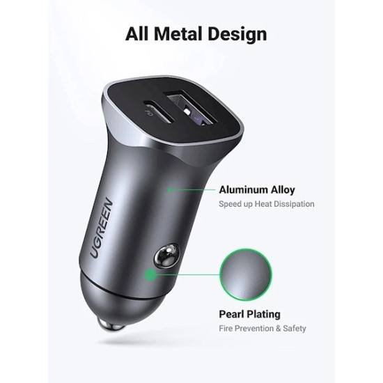 Ugreen зарядно за кола Fast Charger Car - Type-C + USB QC3.0, Power Distribution 30W CD130 - 40858 Ugreen зарядно за кола Fast Charger Car - Type-C + USB QC3.0, Power Distribution 30W CD130 - 40858