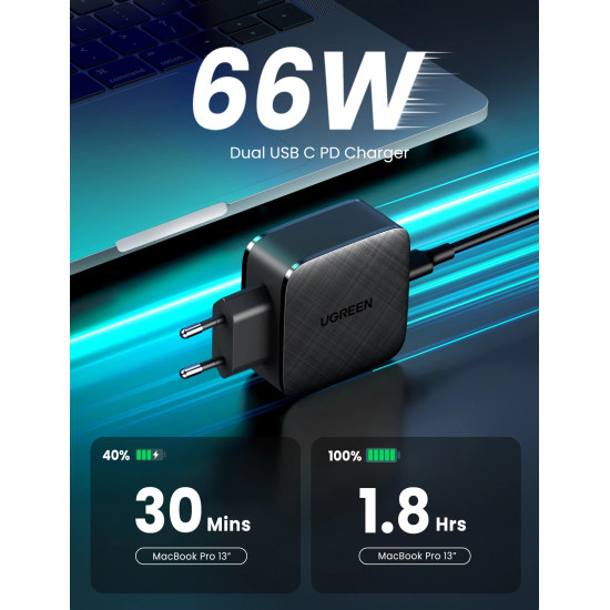 Ugreen универсално зарядно за стена Charger Wall 65W GaN CD216, 2 x Type-C - 70867 Ugreen универсално зарядно за стена Charger Wall 65W GaN CD216, 2 x Type-C - 70867
