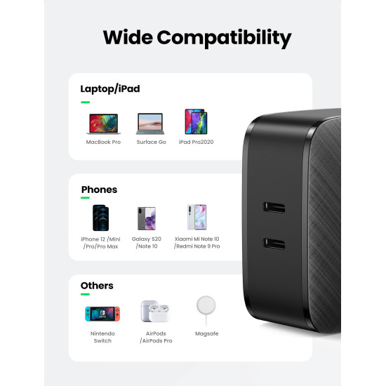 Ugreen универсално зарядно за стена Charger Wall 65W GaN CD216, 2 x Type-C - 70867 Ugreen универсално зарядно за стена Charger Wall 65W GaN CD216, 2 x Type-C - 70867