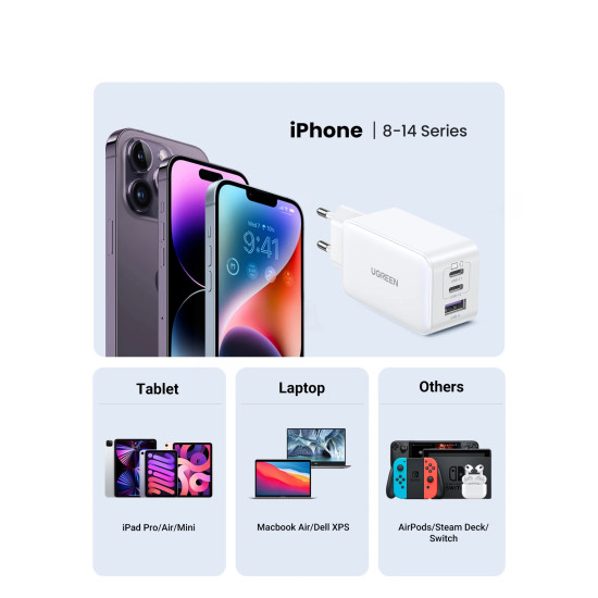 Ugreen универсално зарядно за стена Charger Wall 65W GaN CD244, 1 x USB-A, 2 x Type-C, White - 15334 Ugreen универсално зарядно за стена Charger Wall 65W GaN CD244, 1 x USB-A, 2 x Type-C, White - 15334