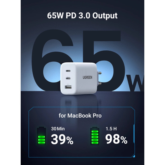 Ugreen универсално зарядно за стена Charger Wall 65W GaN CD275, 1 x USB-A, 2 x Type-C - 90496 Ugreen универсално зарядно за стена Charger Wall 65W GaN CD275, 1 x USB-A, 2 x Type-C - 90496
