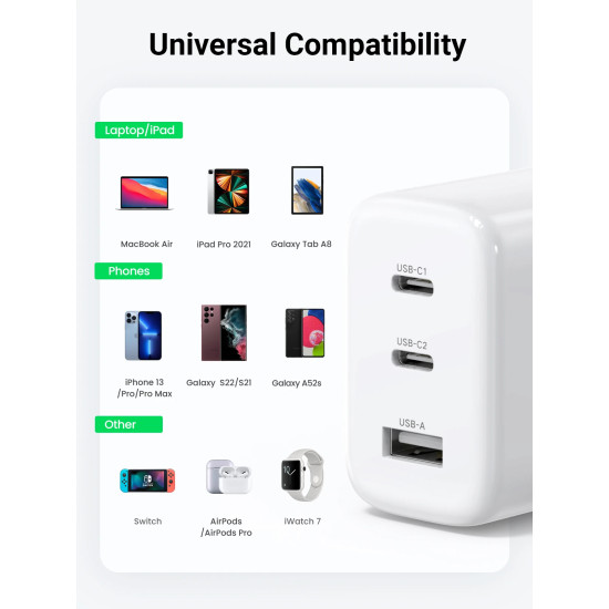 Ugreen универсално зарядно за стена Charger Wall 65W GaN CD275, 1 x USB-A, 2 x Type-C - 90496 Ugreen универсално зарядно за стена Charger Wall 65W GaN CD275, 1 x USB-A, 2 x Type-C - 90496