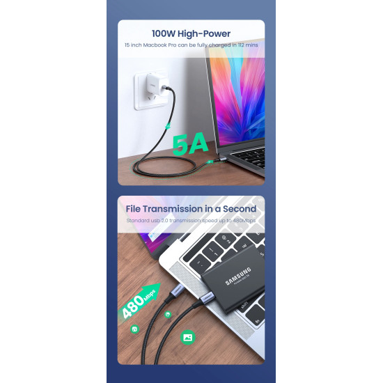 Ugreen кабел USB 2.0 Type-C M/M US316, 100W, 5A, 3m - 90120 Ugreen кабел USB 2.0 Type-C M/M US316, 100W, 5A, 3m - 90120