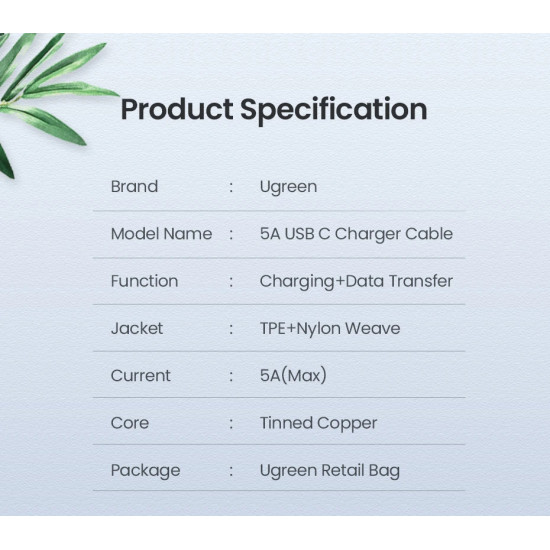 Ugreen кабел USB 2.0 Type-C M/M US316, 100W, 5A, 3m - 90120 Ugreen кабел USB 2.0 Type-C M/M US316, 100W, 5A, 3m - 90120
