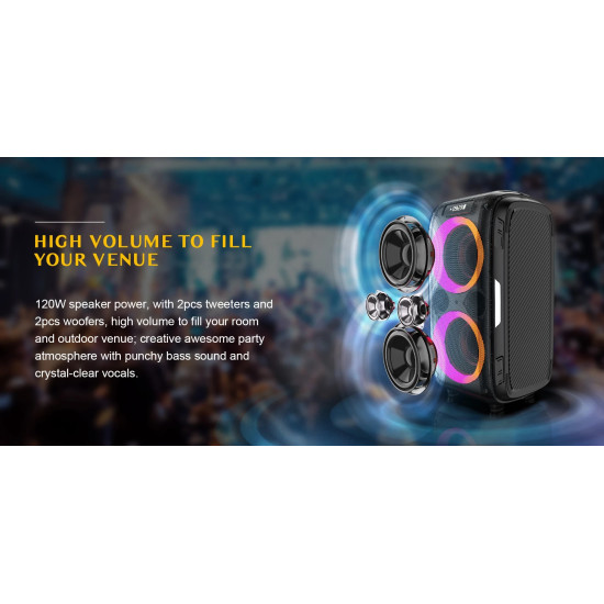 W-King Блутут парти колона Bluetooth Party Speaker - T9 PRO - 120W, 2 x Wireless Microphones, Karaoke W-King Блутут парти колона Bluetooth Party Speaker - T9 PRO - 120W, 2 x Wireless Microphones, Karaoke