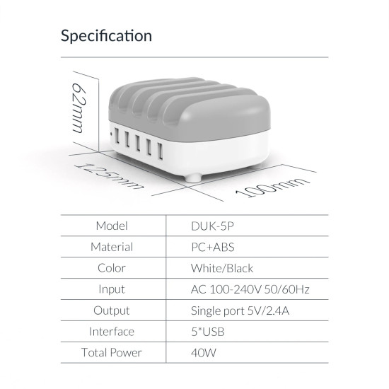 Orico зарядна станция за мобилни устройства Charger Station 220V - 5 x USB 40W White - DUK-5P-EU-WH Orico зарядна станция за мобилни устройства Charger Station 220V - 5 x USB 40W White - DUK-5P-EU-WH