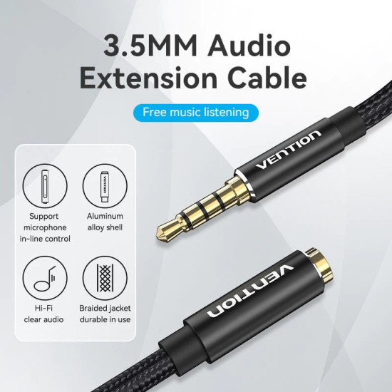 Vention Аудио Кабел Cotton Braided TRRS 3.5mm Male to 3.5mm F - 0.5m - Gold plated, Aluminum alloy - BHCBD Vention Аудио Кабел Cotton Braided TRRS 3.5mm Male to 3.5mm F - 0.5m - Gold plated, Aluminum alloy - BHCBD